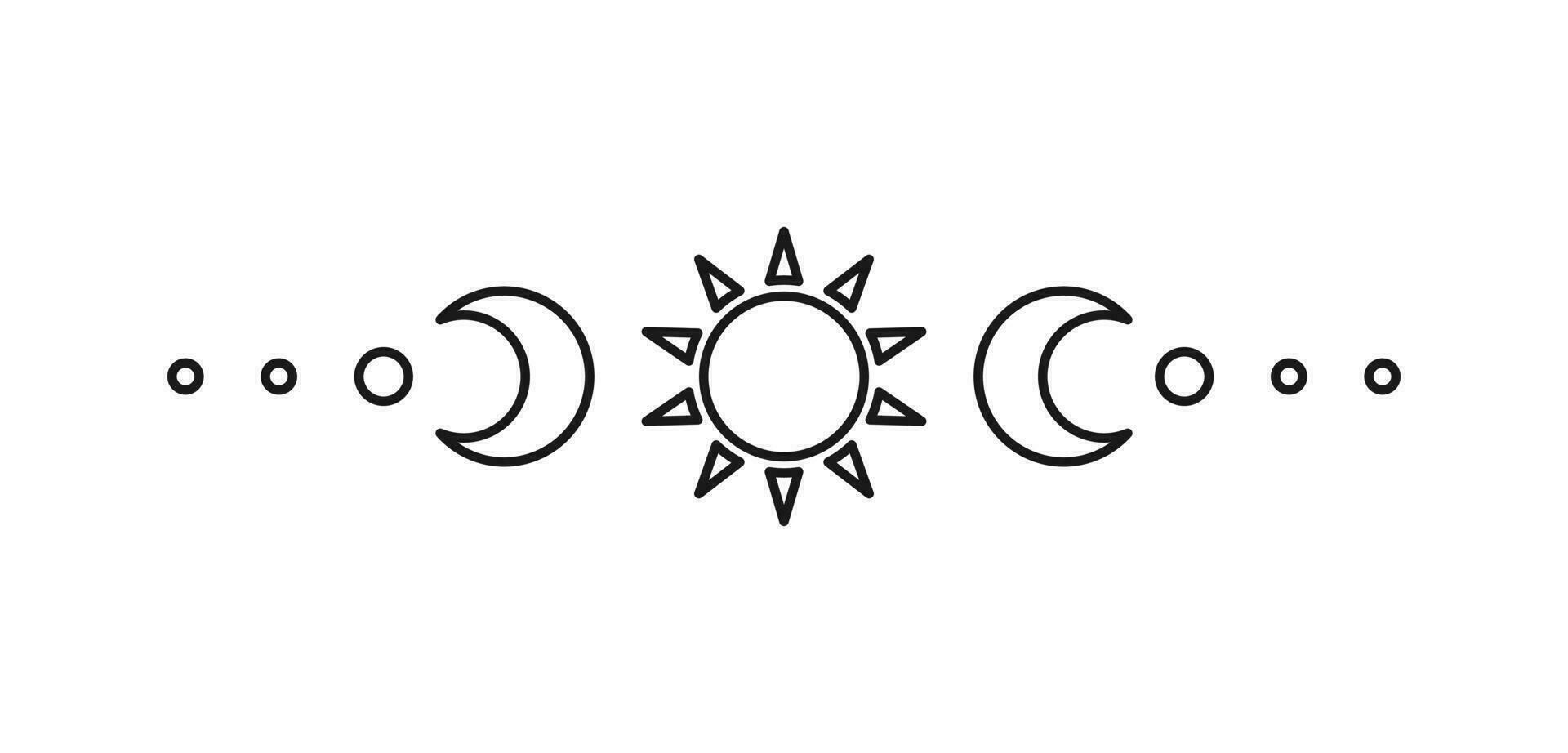 Celestial text divider with sun, stars, moon phases, crescents. Ornate boho mystic separator decorative element vector