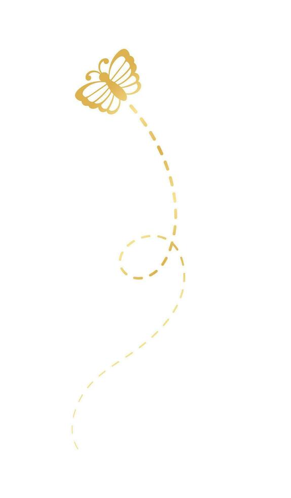 dorado mariposa con punteado línea vuelo ruta. elegante oro mariposa camino. vector diseño elementos para primavera y verano.