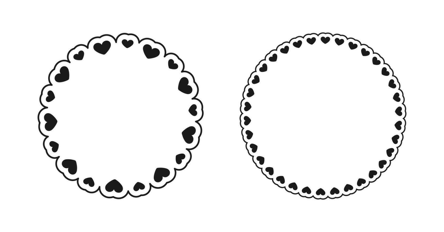 Round scalloped frame with hearts pattern set, Pastel Cute Valentines Frame Border vector