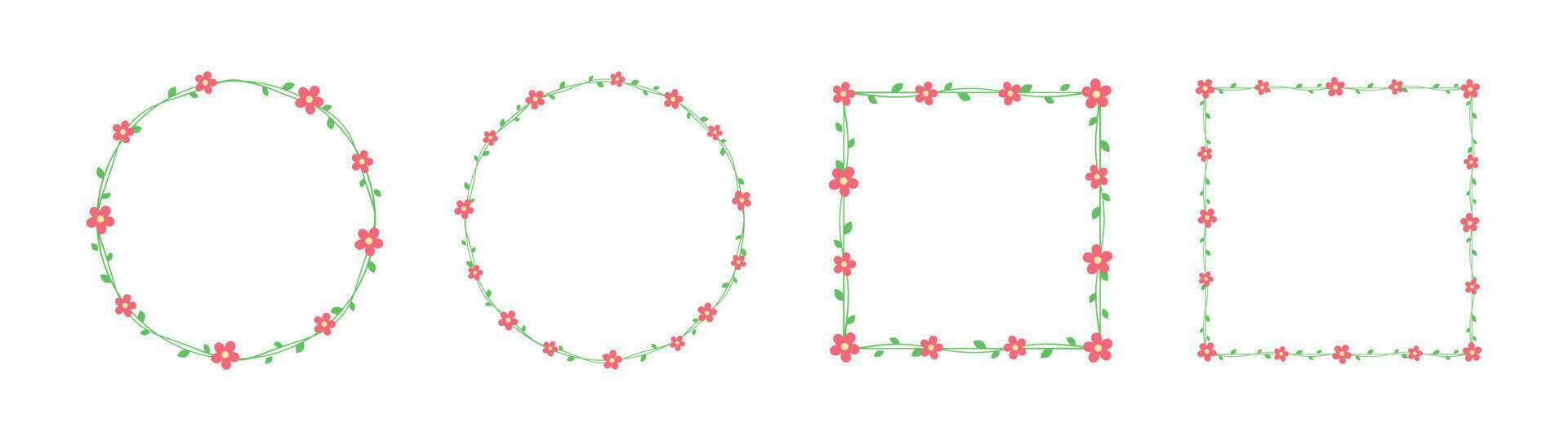Green vine with red flowers frames and borders set, floral botanical design element vector illustration