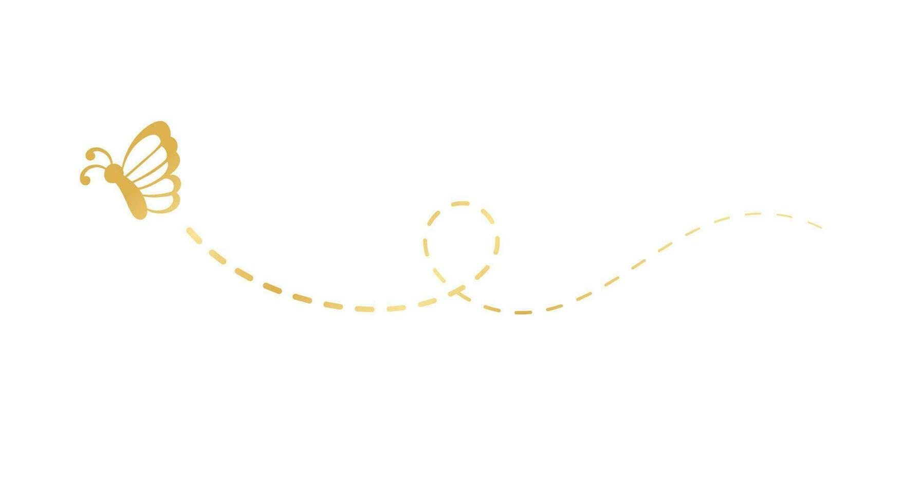 Golden Butterfly with Dotted Line Flight Route. Elegant gold butterfly trail. Vector design elements for spring and summer.