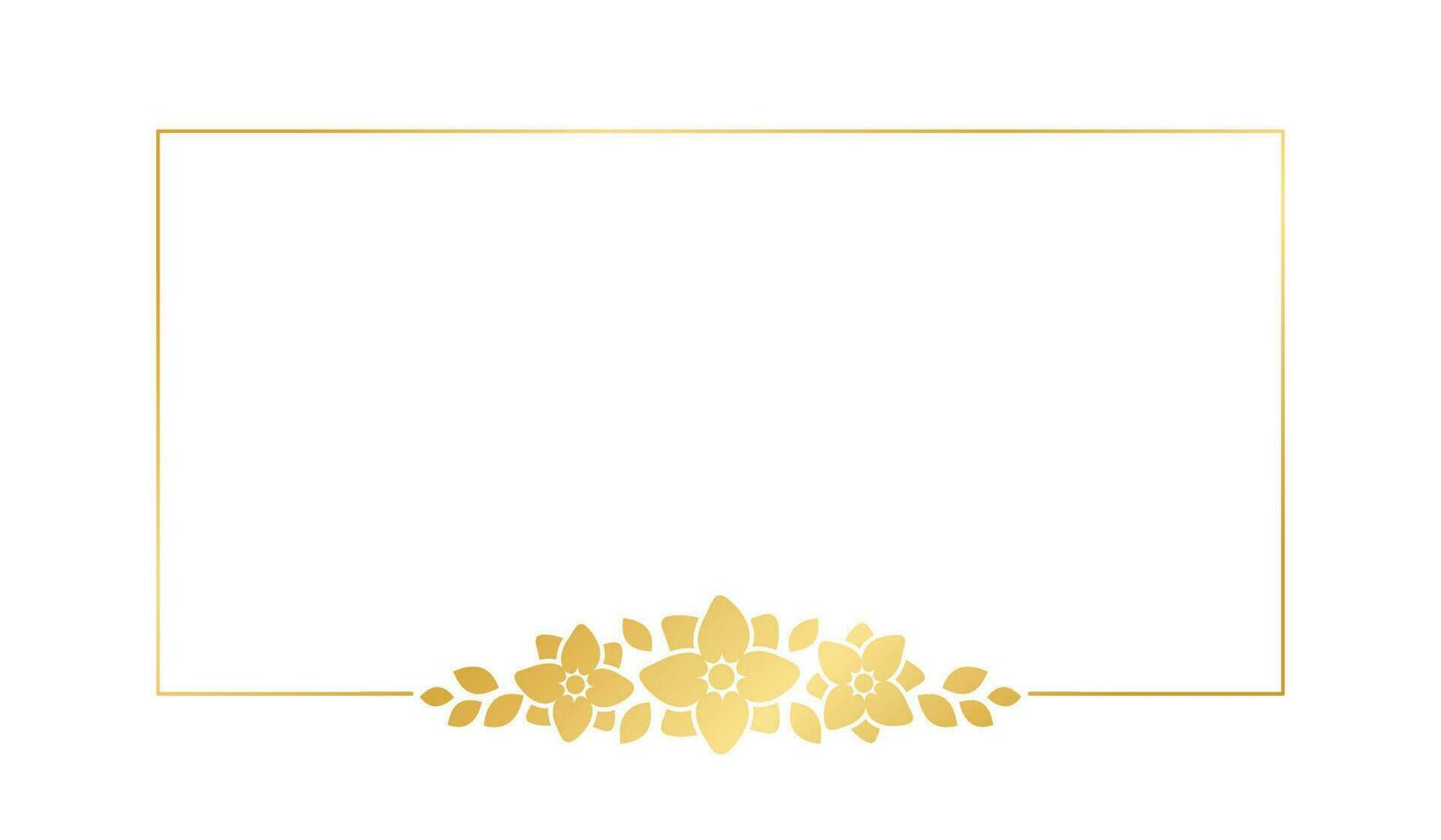 Rectangle gold floral frame template. Luxury golden frame border for invite, wedding, certificate. Vector art with flowers and leaves.