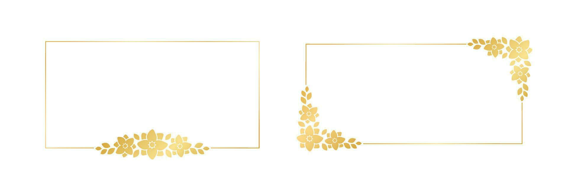 Rectangle gold floral frame set. Luxury golden borders for invitation, card, wedding, certificate. Vector art with flowers and leaves.