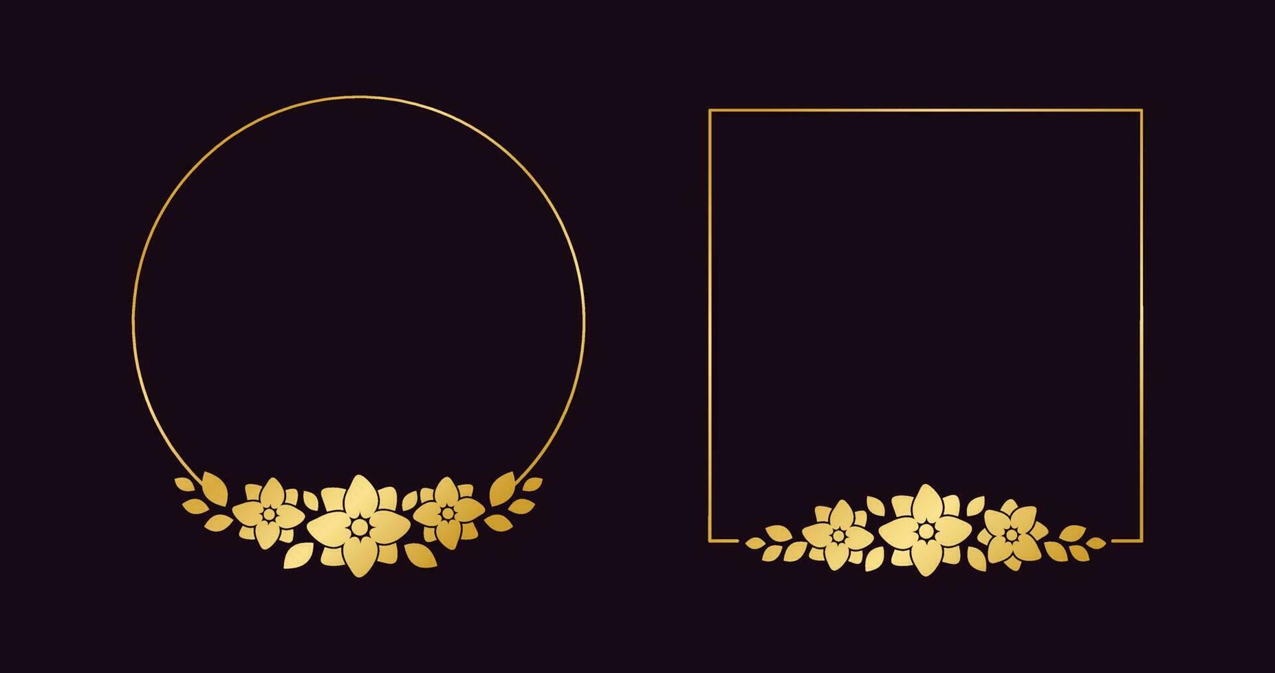 Gold geometric floral frame template set. Luxury golden frame border for invite, wedding, certificate. Vector art with flowers and leaves.