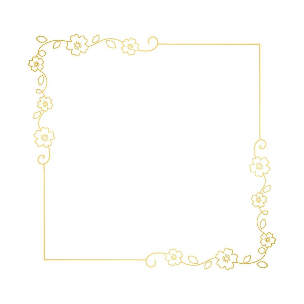 Gold floral square frame. Elegant line border, leaves and flowers, wedding invitation and cards, logo design and posters template. Simple minimal style botanical vector art.