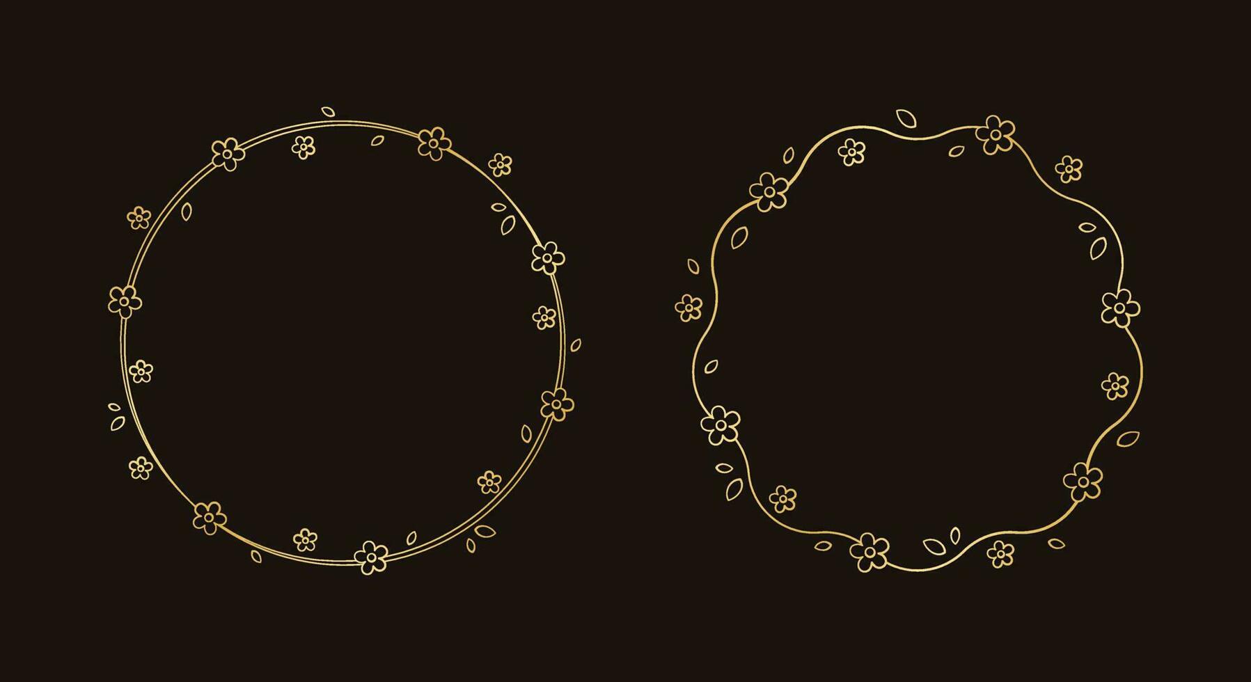 Gold Round Floral Frame Outline Doodle. Spring botanical circle border template, flourish design element for wedding, greeting card. vector