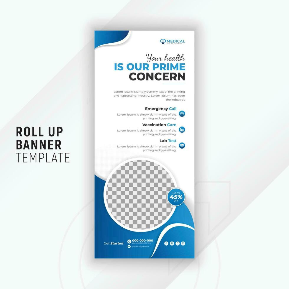 Healthcare and medical service rollup banner or vertical X banner design template with white background vector