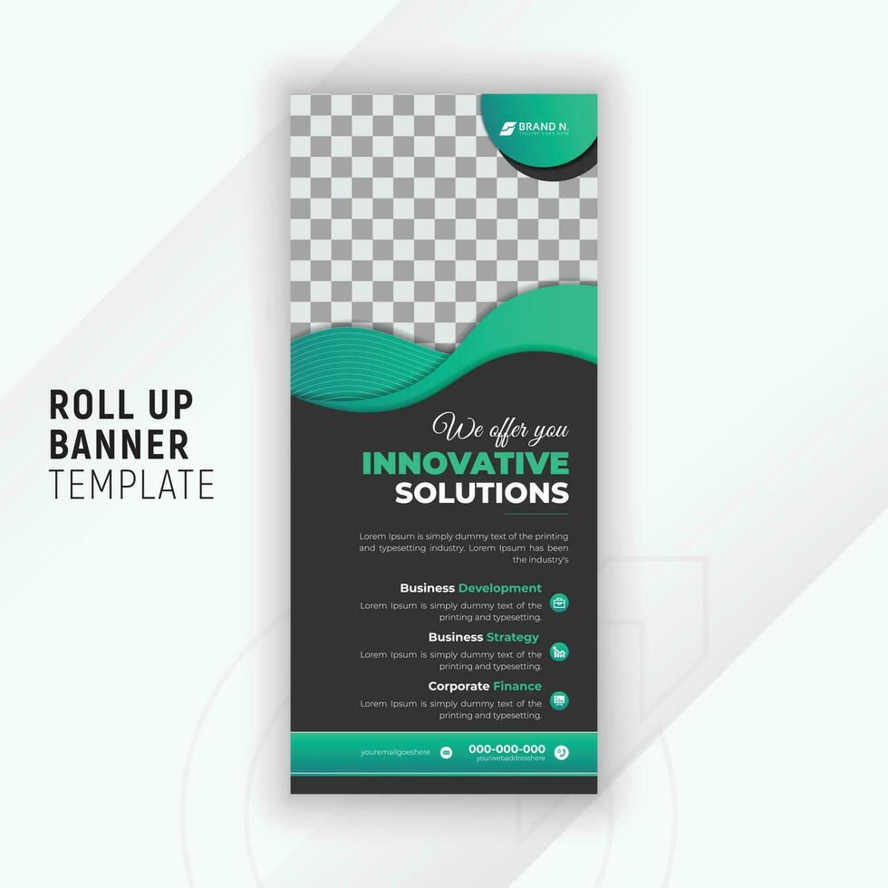 Modern and corporate roll up banner standing banner template with gradient color shape and black background vector
