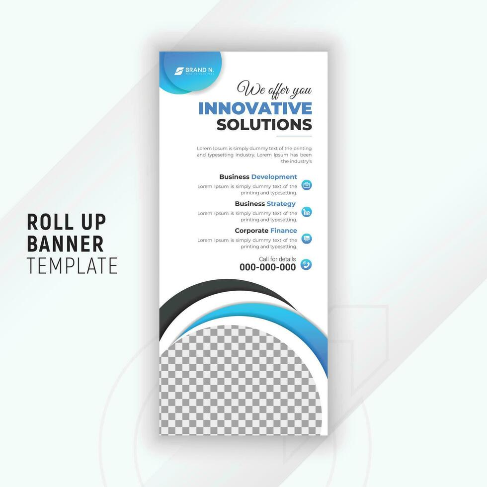 Creative and innovative solution pull up banner design template with geometric gradient color shapes and white background vector