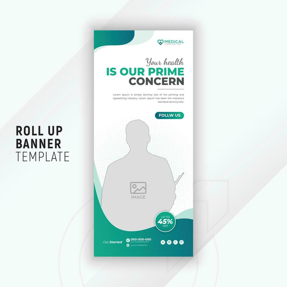 Clinic report brochure template medical healthcare display poster roll up banner and signage design with abstract green gradient color shapes vector