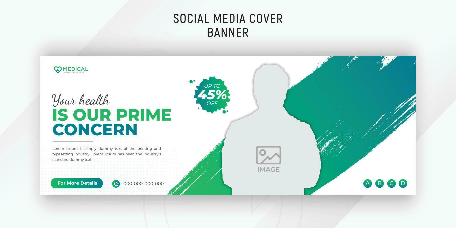 Flat design medical center timeline cover with white background and abstract green gradient color shape includes a discount offer vector