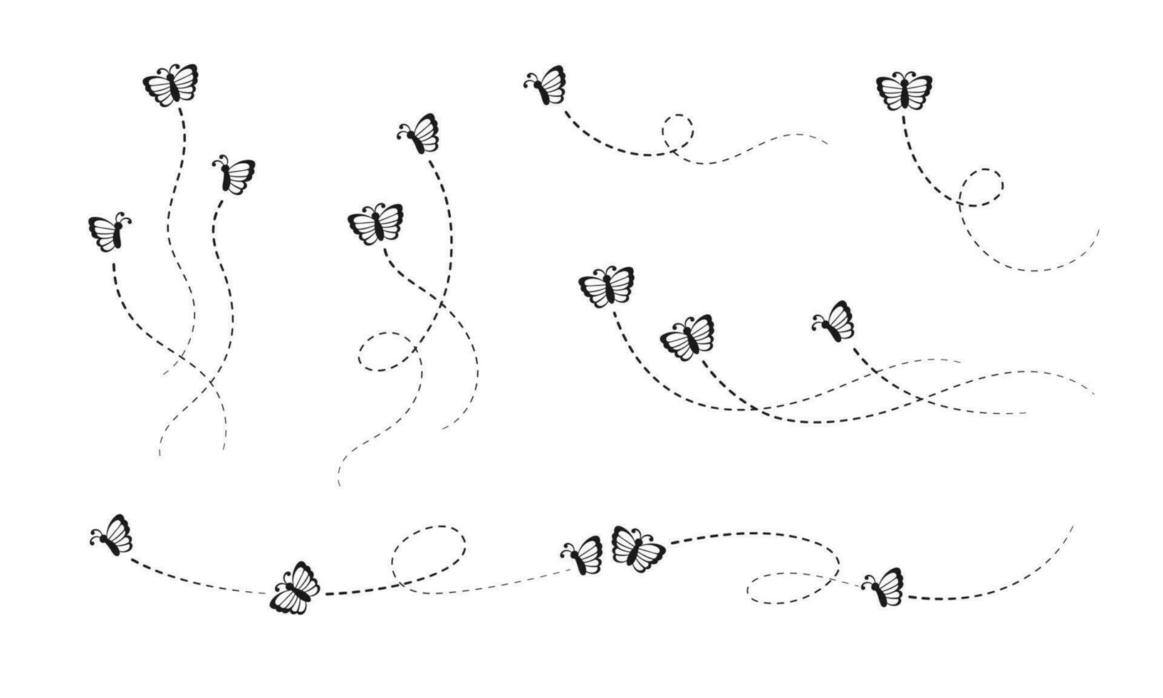 Butterfly silhouette set. Flying Butterflies with Flight Route Path. Beautiful elegant insects with open wings trail. Vector design elements for spring and summer.
