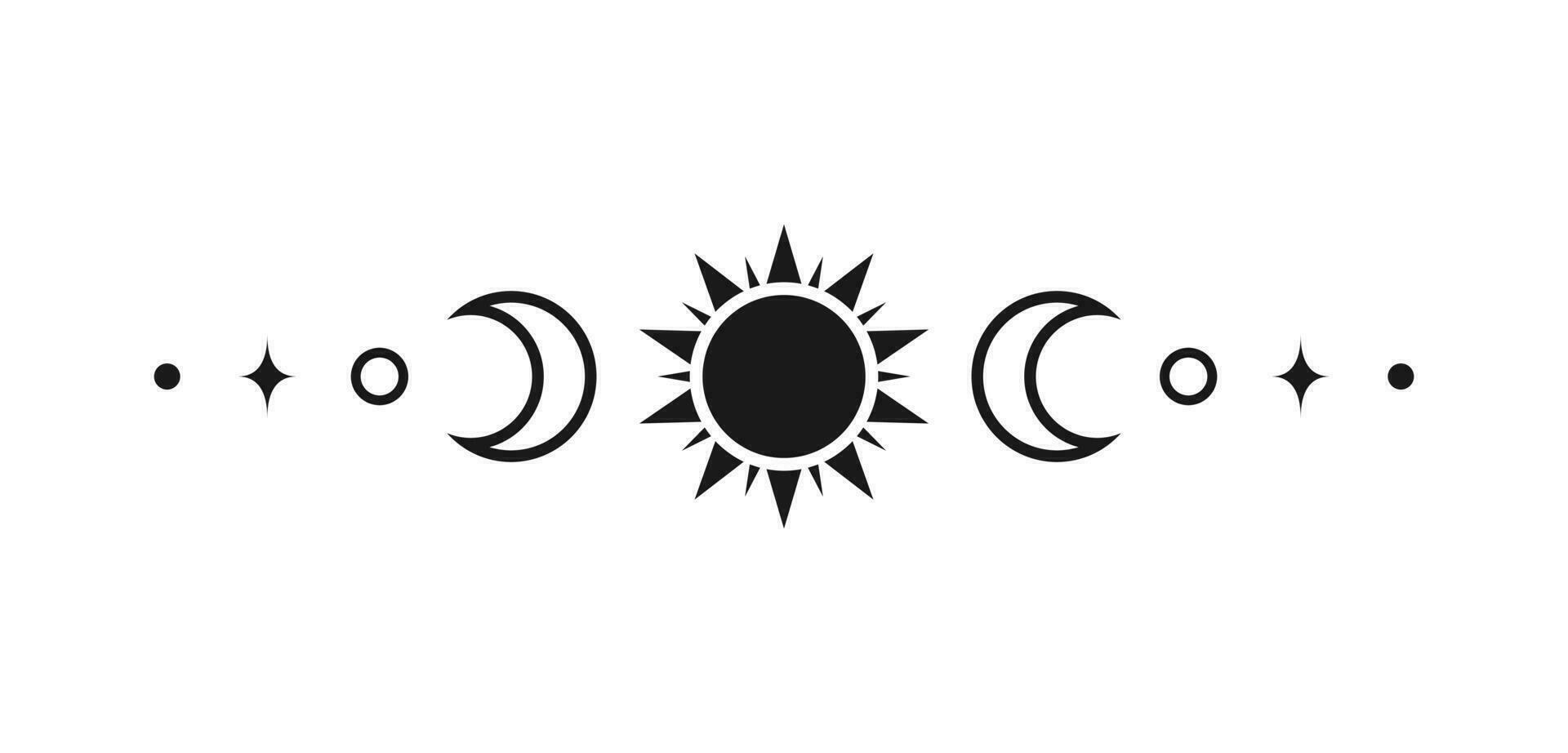 Celestial text divider with sun, stars, moon phases, crescents. Ornate boho mystic separator decorative element vector