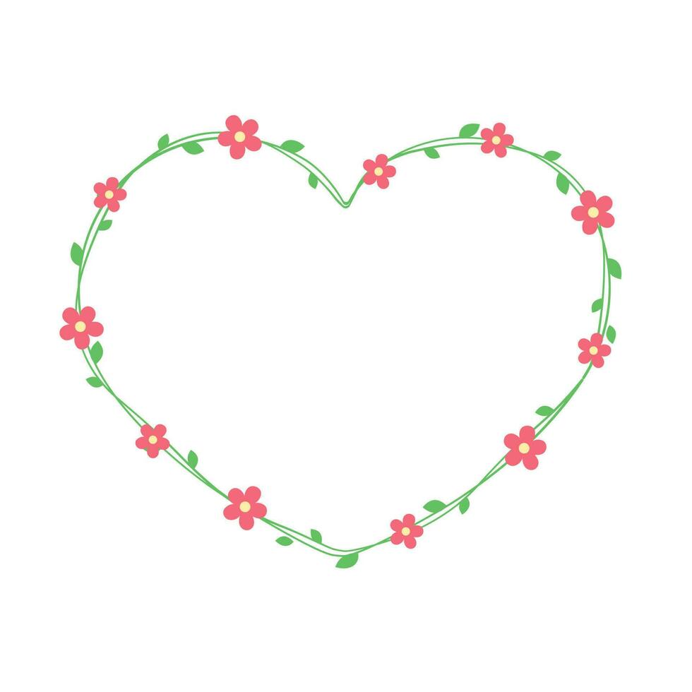 Heart shaped floral frame border, green vine with red flowers cute botanical vector illustration. Valentines Day, Spring Summer design element.