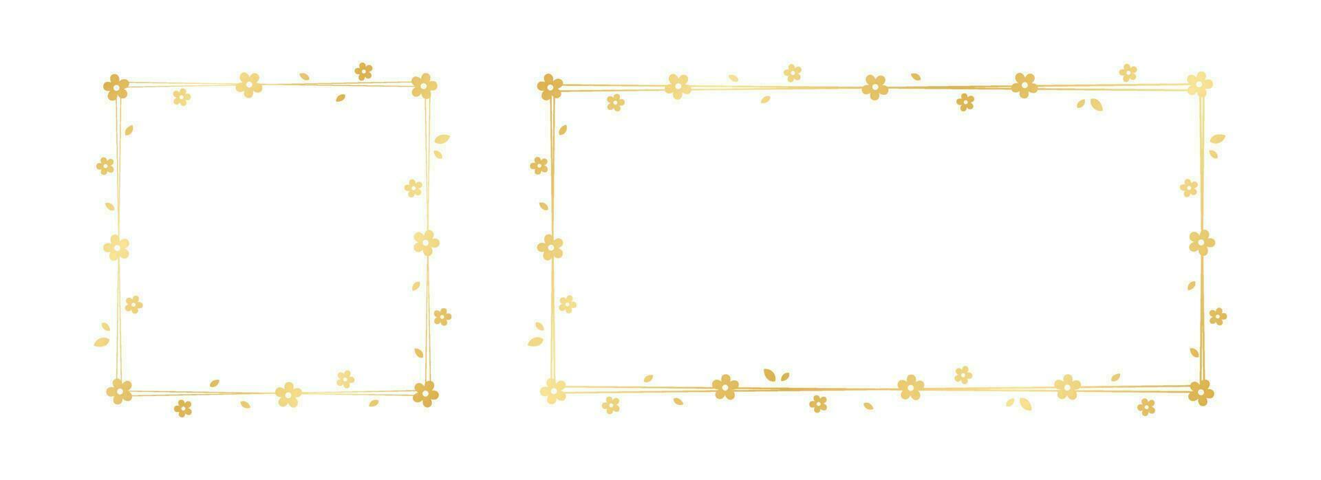 Gold Floral Frame Silhouette Doodle Set. Spring border template, flourish design element for wedding, greeting card. vector