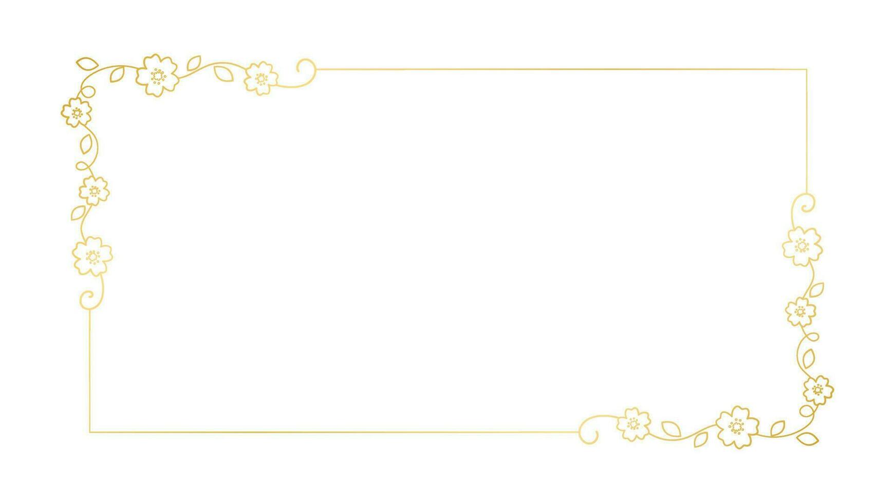 Gold floral rectangle frame. Simple line border, leaves and flowers