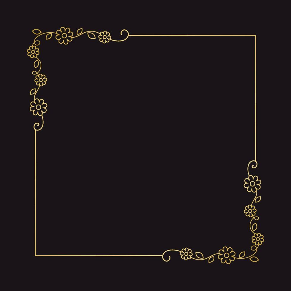Gold floral square frame. Elegant line border, leaves and flowers, wedding invitation and cards, logo design and posters template. Simple minimal style botanical vector art.