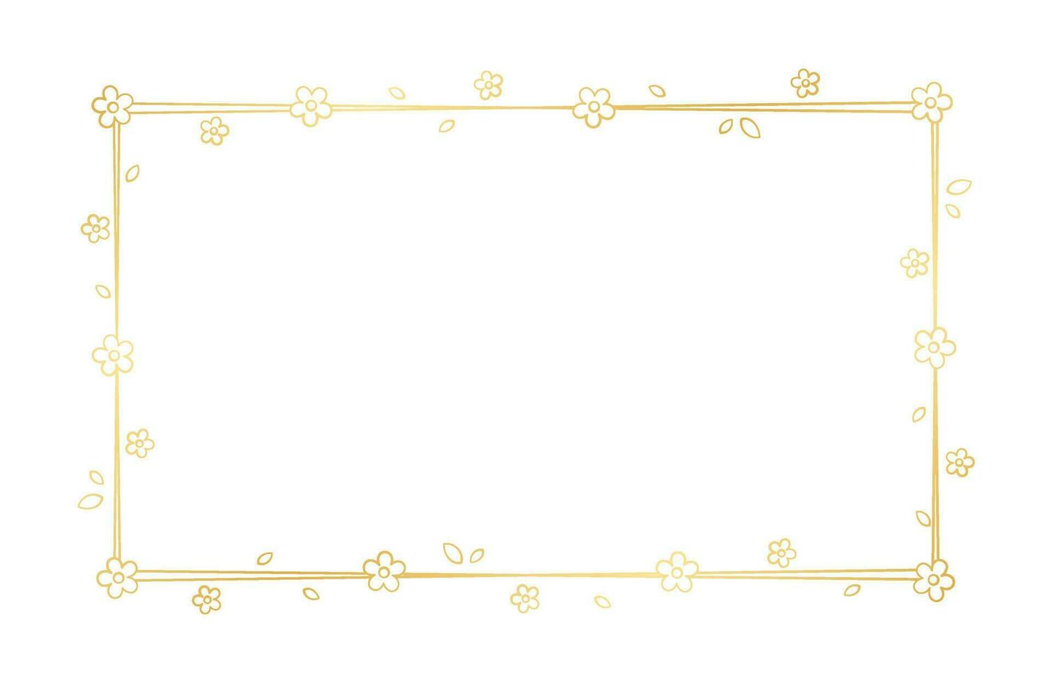 Gold Rectangle Floral Frame Outline Doodle. Botanical border template, flourish design element for wedding, greeting card. vector