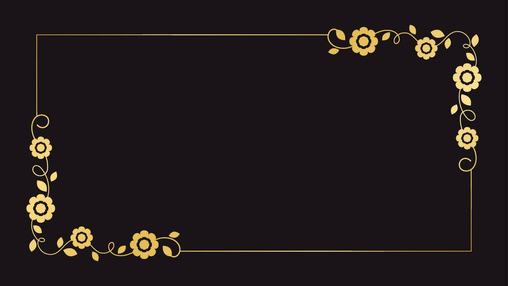 Gold floral rectangle frame. Simple line border, leaves and flowers, wedding invitation and cards, logo design and posters template. Elegant minimal style floral vector isolated