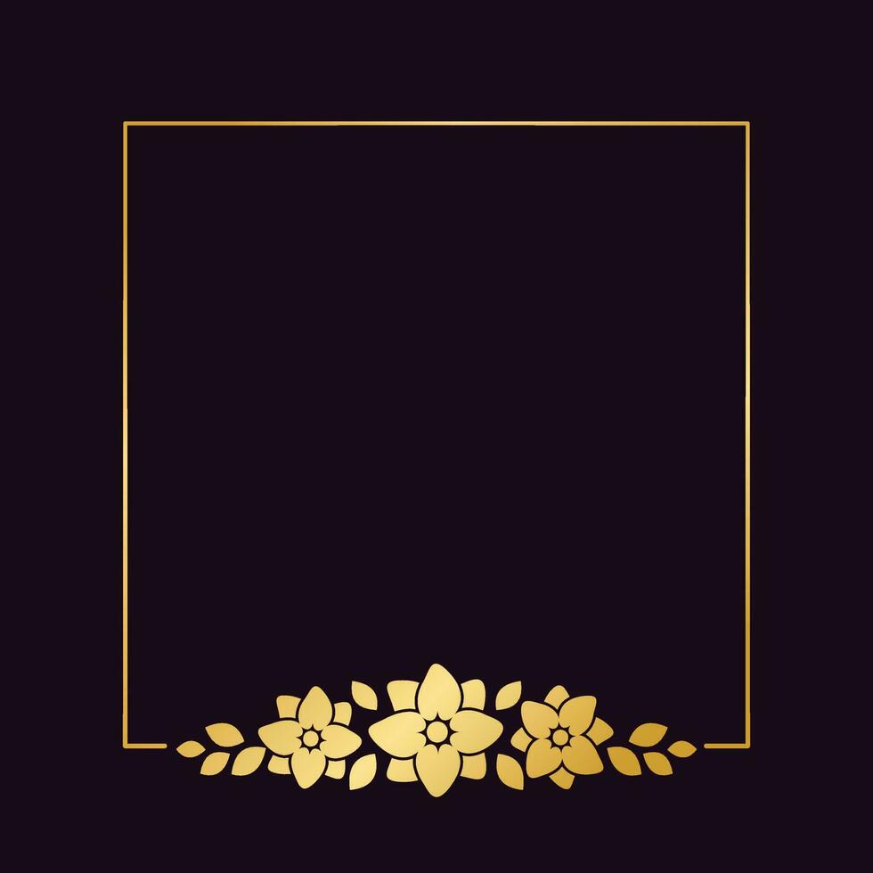 Square gold floral frame template. Luxury golden frame border for invite, wedding, certificate. Vector art with flowers and leaves.