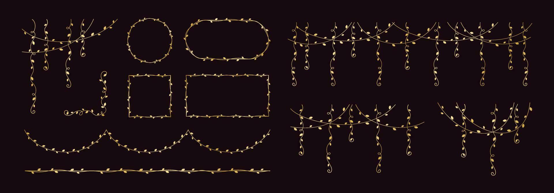 Gold vines frames and borders, golden hanging vine curtain design, botanical elements vector illustration set