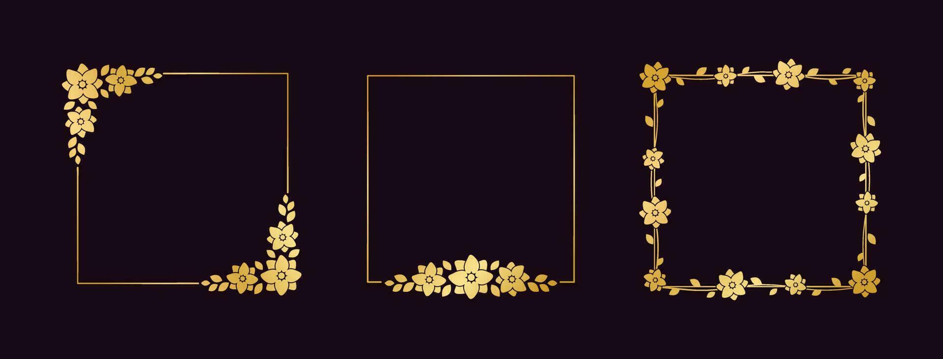 Square gold floral frame collection set. Luxury golden frame border for invite, wedding, certificate. Vector art with flowers and leaves.
