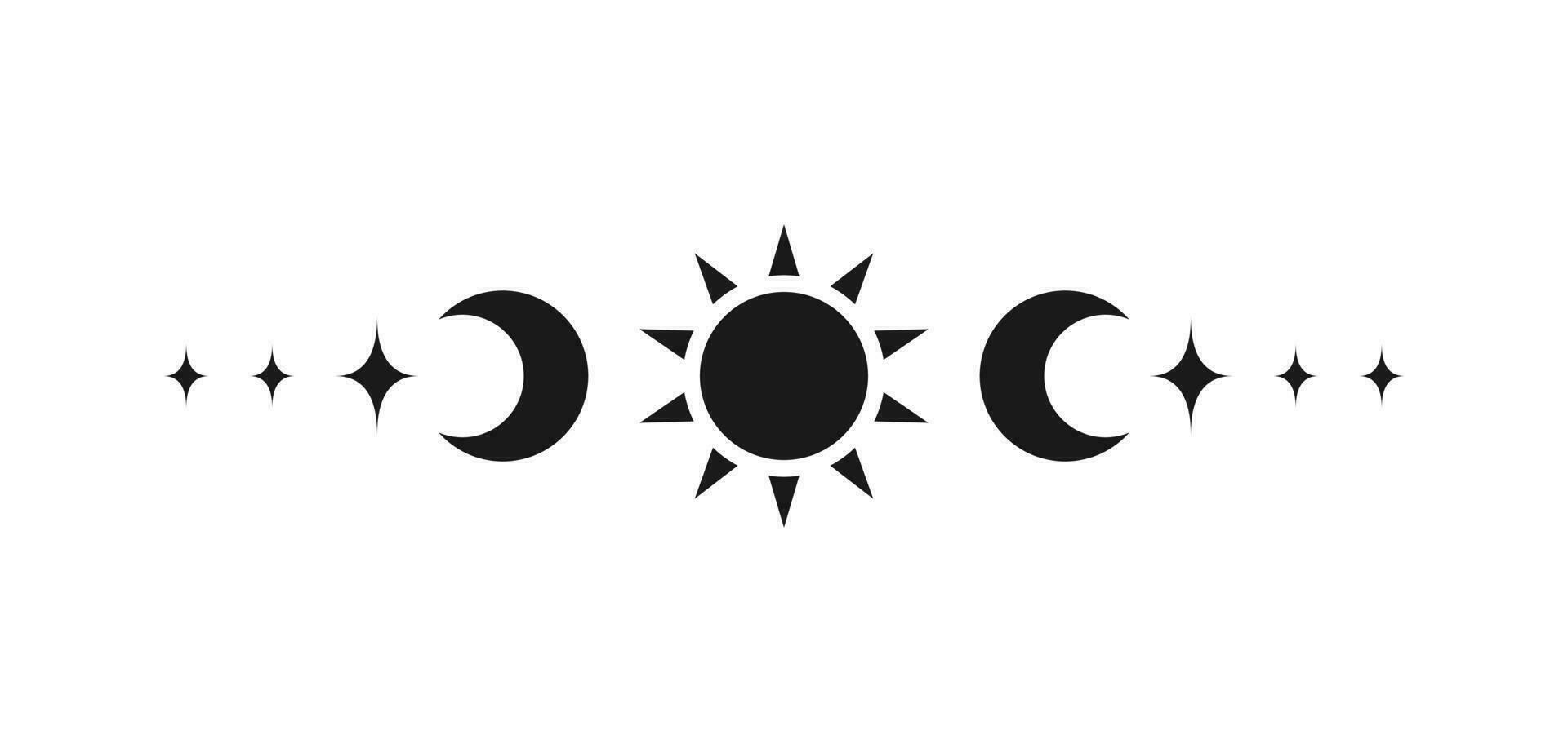 Celestial text divider with sun, stars, moon phases, crescents. Ornate boho mystic separator decorative element vector