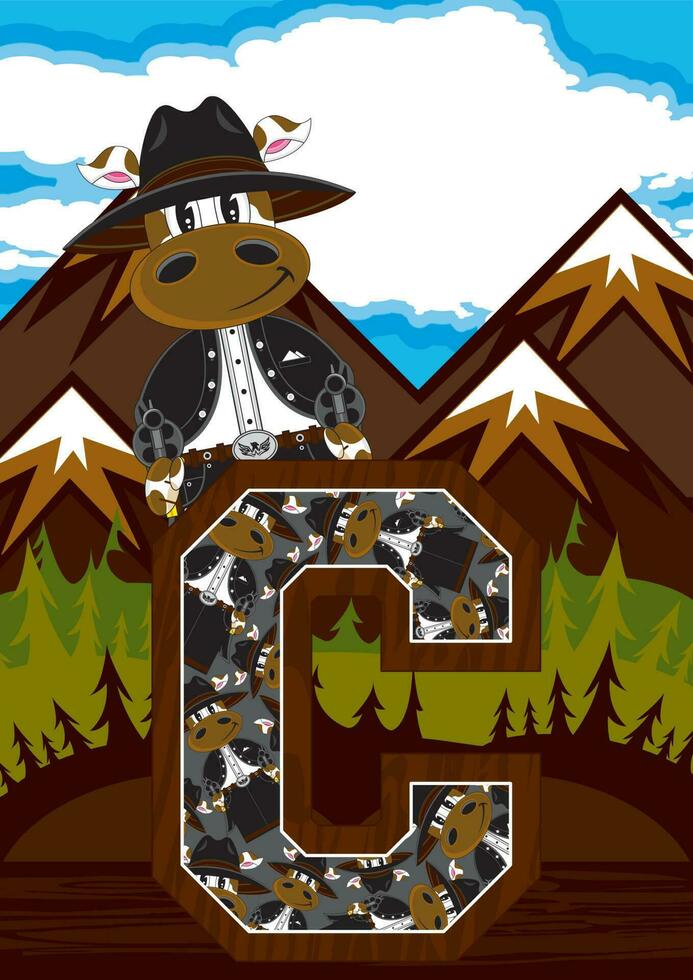 C is for Cow Cowboy Wild West Alphabet Learning Educational Illustration vector