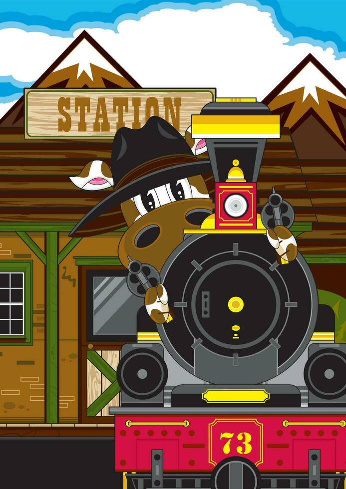 Cute Cartoon Wild West Cow Cowboy with Western Style Steam Train vector