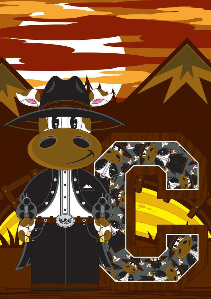 C is for Cow Cowboy Wild West Alphabet Learning Educational Illustration vector
