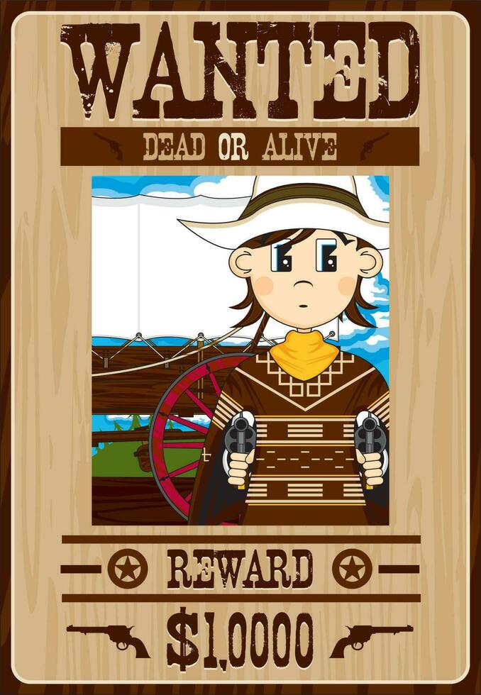 Cute Cartoon Wild West Gunslinging Cowboy Wanted Dead or Alive Poster vector