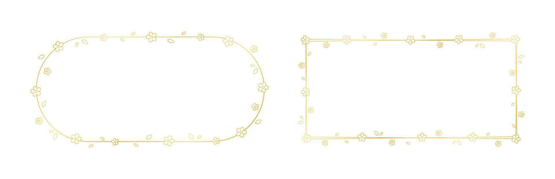 Gold Floral Frame Outline Doodle Set. Golden nature border template, flourish design element for wedding, greeting card. vector