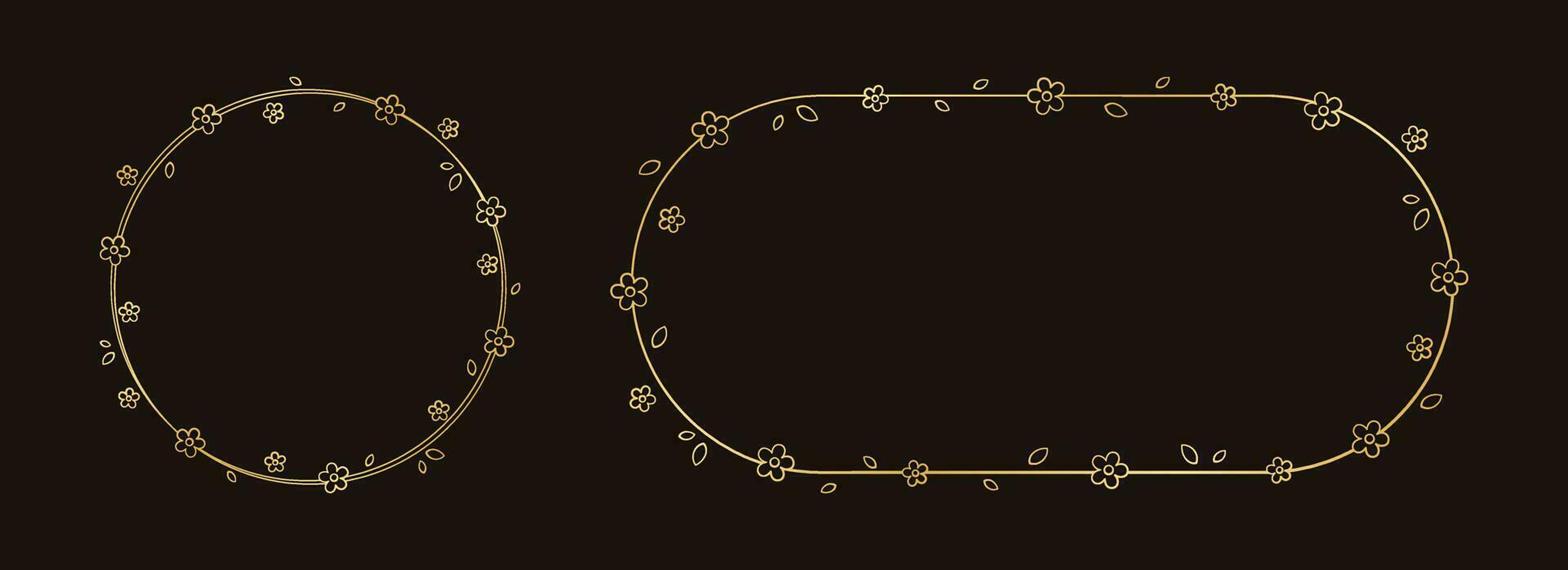 Gold Floral Frame Outline Set. Botanical circle border template, flourish design element for wedding, greeting card. vector