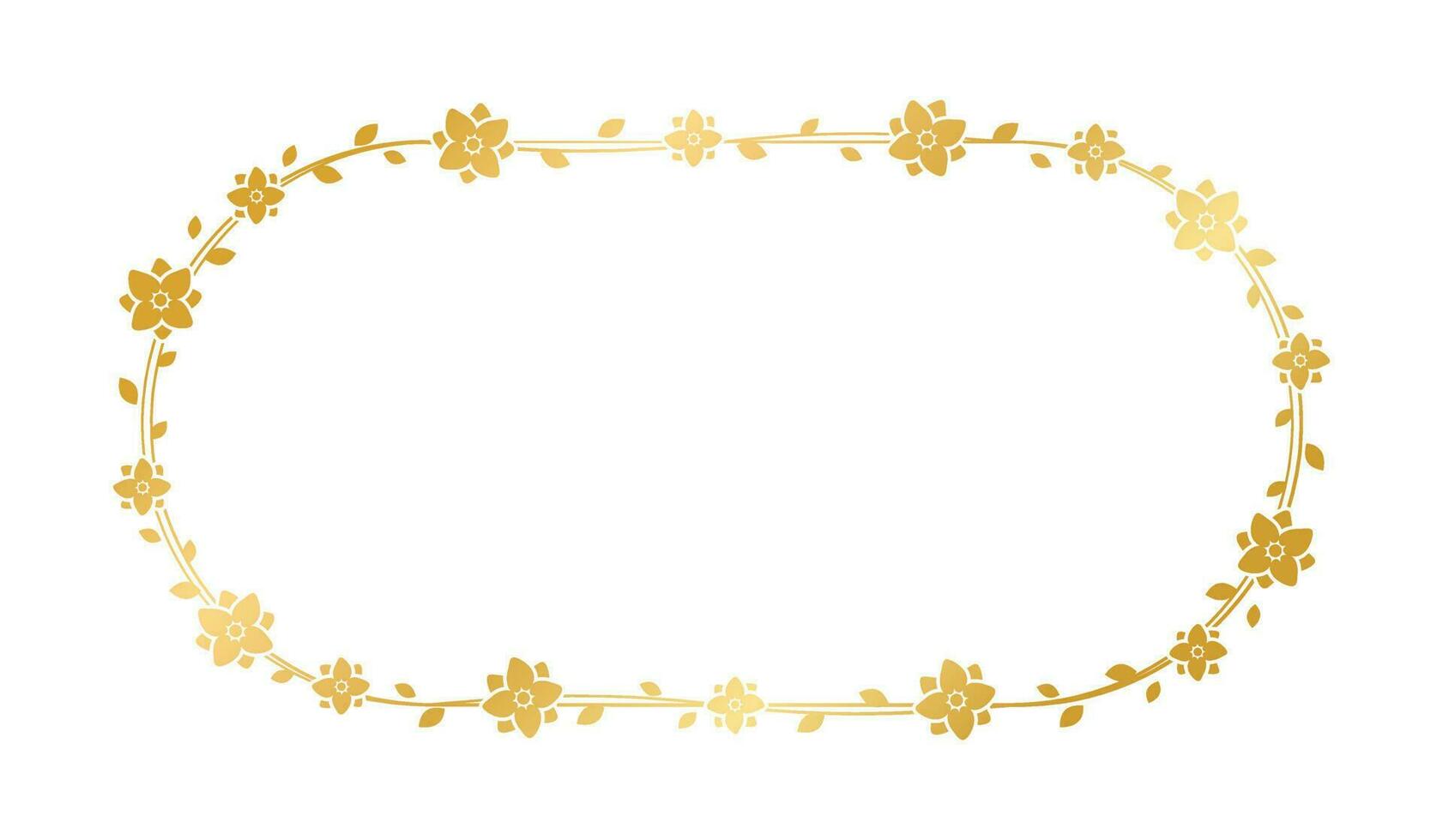 Gold oval floral frame template. Luxury golden frame border for invite, wedding, certificate. Vector art with flowers and leaves.