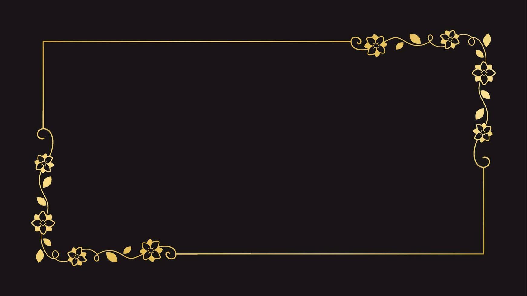 Gold floral rectangle frame. Simple line border, leaves and flowers, wedding invitation and cards, logo design and posters template. Elegant minimal style floral vector isolated