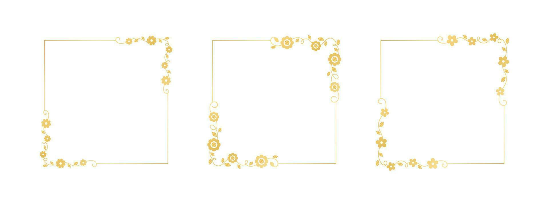 Botanical gold square frame set. Simple line border, leaves and flowers, wedding invitation and cards, logo design and posters template. Elegant minimal style floral vector isolated