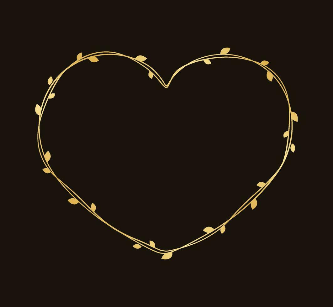 Gold Heart Shape Frame Made of Vine Leaves. Floral Valentines Day, Spring Summer Design Element, Love Concept vector