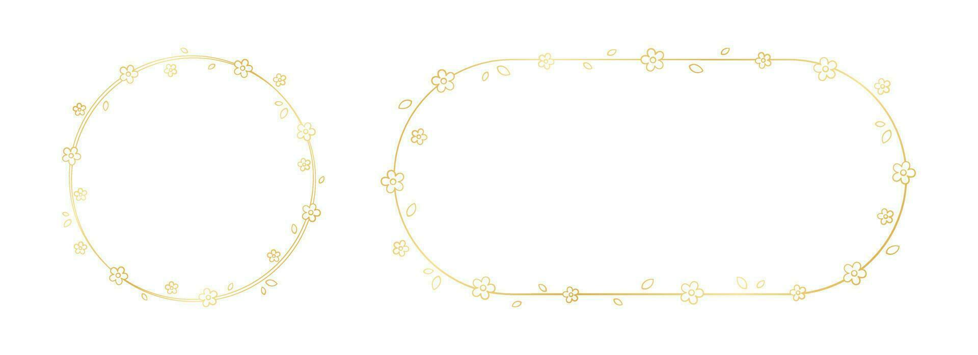 Gold Floral Frame Outline Set. Botanical circle border template, flourish design element for wedding, greeting card. vector