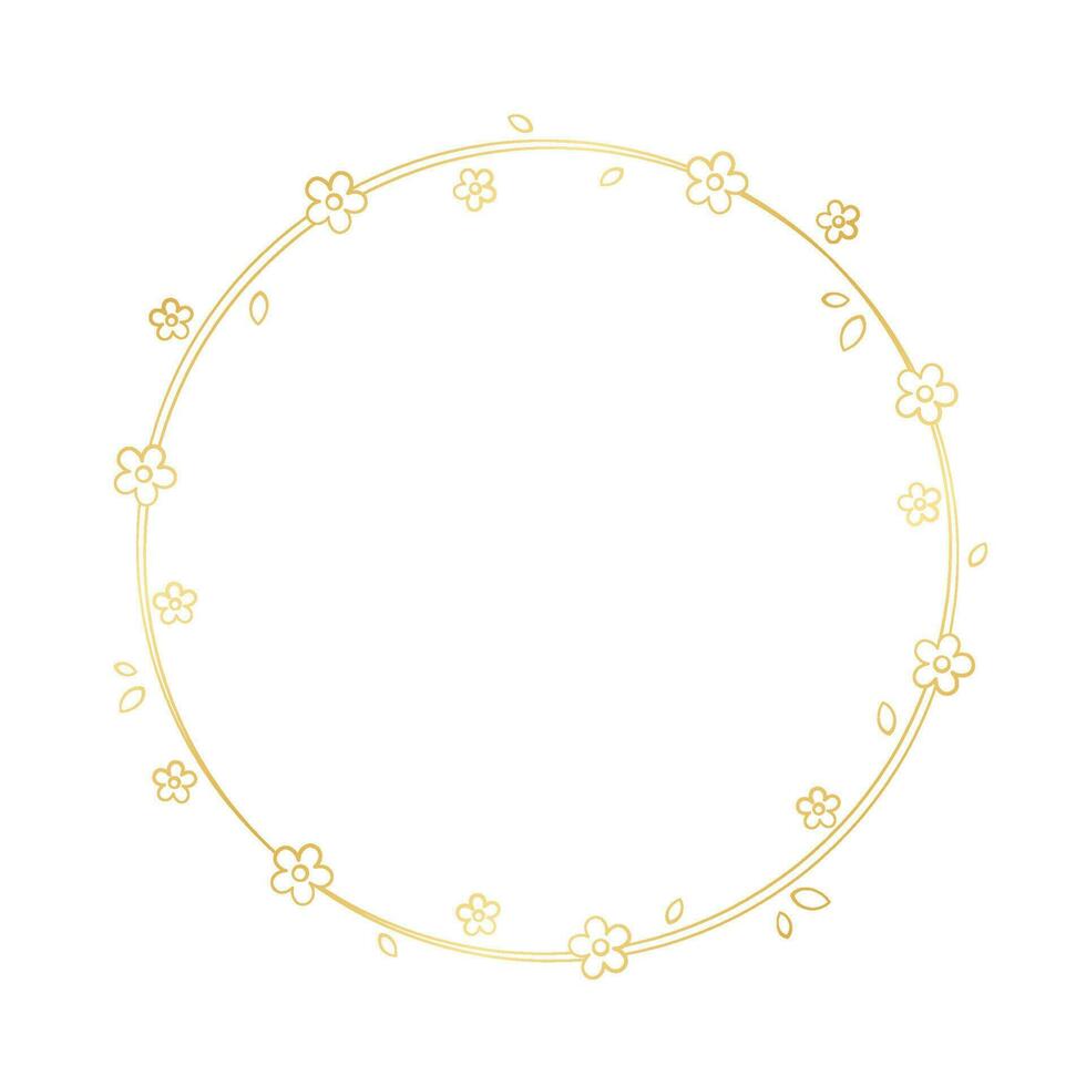 Gold Round Floral Frame Outline Doodle. Spring botanical circle border template, flourish design element for wedding, greeting card. vector