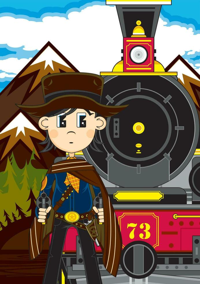 linda dibujos animados salvaje Oeste vaquero pistolero en poncho con occidental estilo vapor tren vector