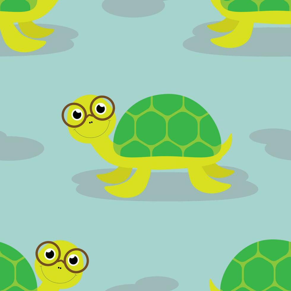 Vector seamless pattern with smiling turtles characters in glasses in cartoon style