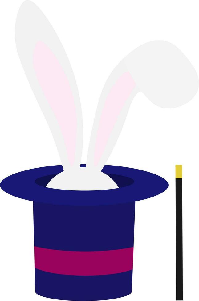 Vector illustration of magic hat with white rabbit and magic wand in cartoon style