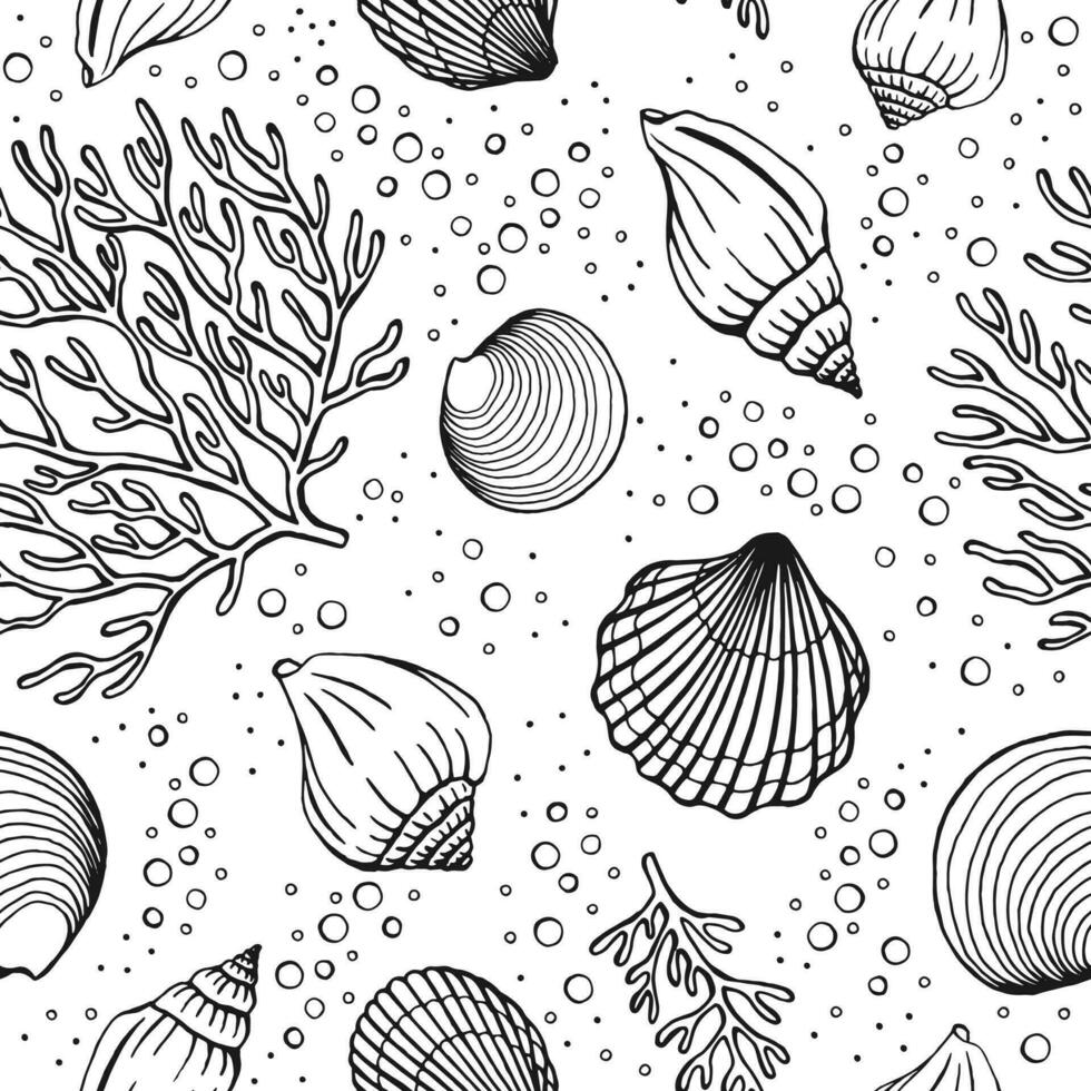 Seamless pattern with seashells, corals. Marine background. Vector illustration in sketch style.