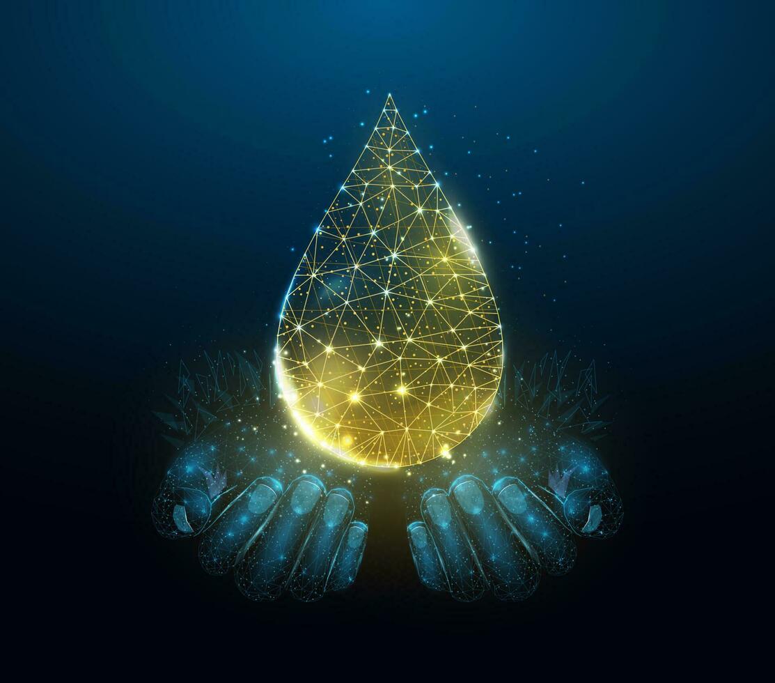 Two human hands are holds oil drop. Wireframe glowing low poly design on dark blue background. Abstract futuristic vector illustration.