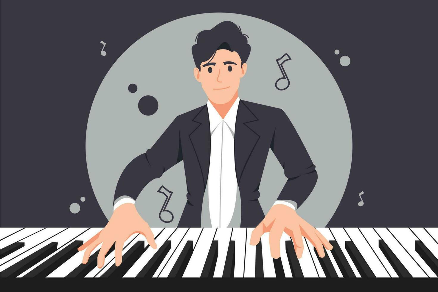 hombre jugando grandioso piano. tecladista personaje jugar música. masculino músico con teclado musical instrumento. En Vivo música concierto vector