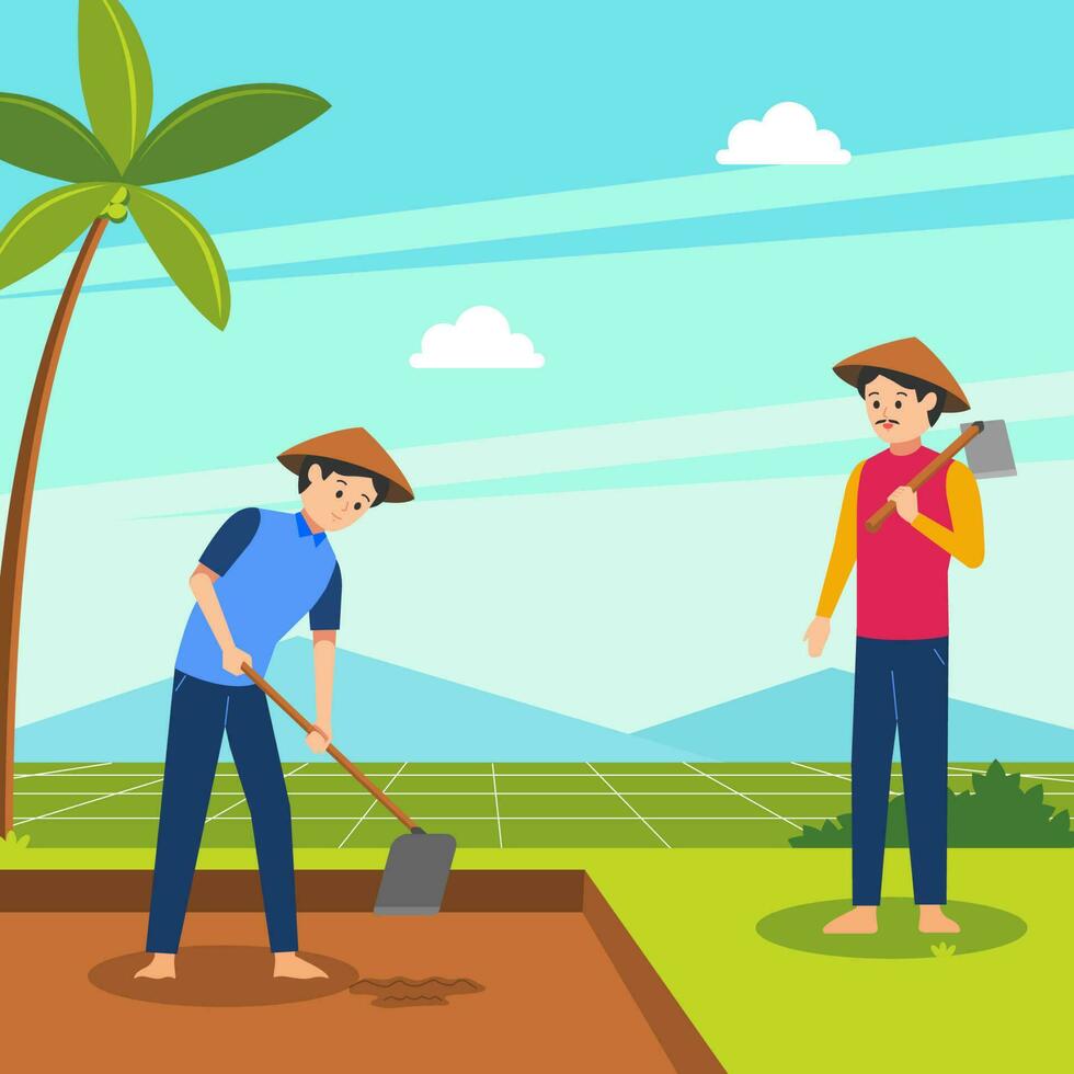 Asian man farmer hold a hoe to dig soil on his rice field. manual tool to get rid of weeds. vector