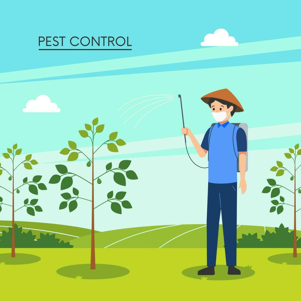 Farmer sprays pesticide or herbicide on agriculture plant. pest control vector