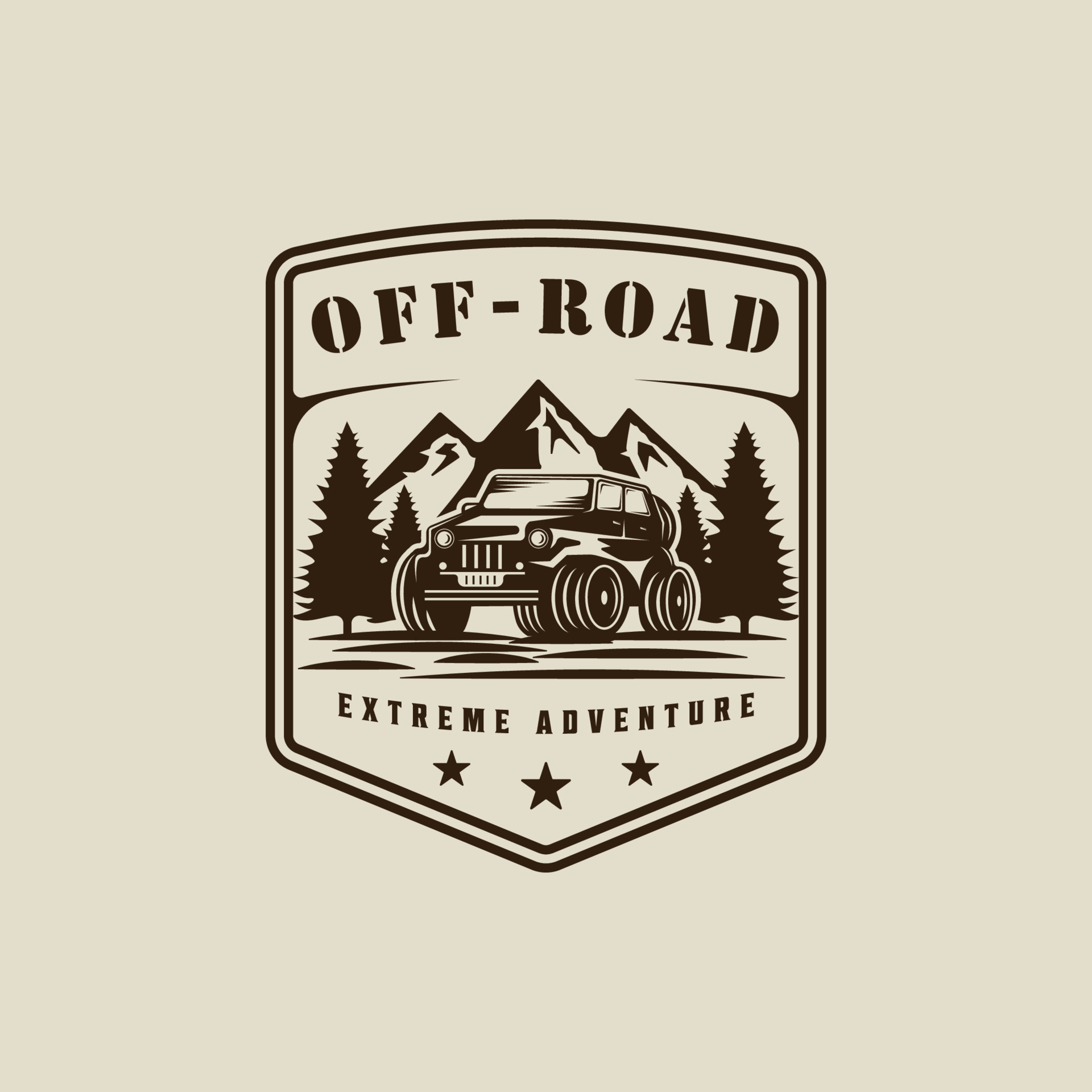 off road car logo vintage vector illustration template icon graphic design.  vehicle for adventure outdoor with mountain and pine tree landscape sign or  symbol with retro typography with badge 23889829 Vector Art