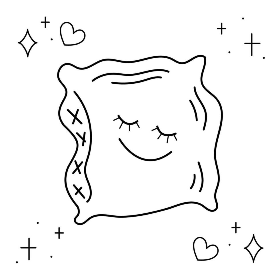 Nice sleeping pillow. Doodle black and white vector illustration