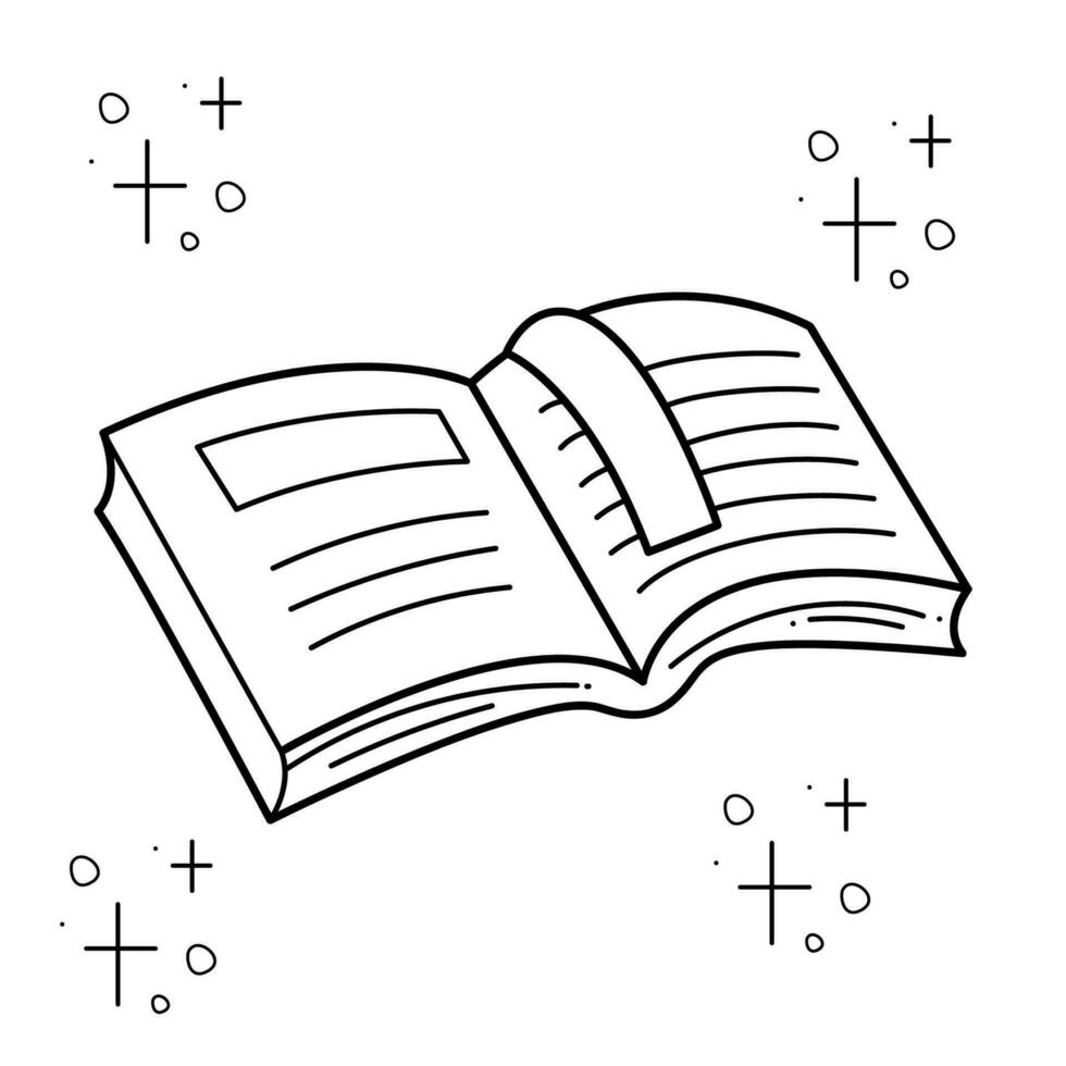 An open book with a bookmark surrounded by stars. Doodle black and